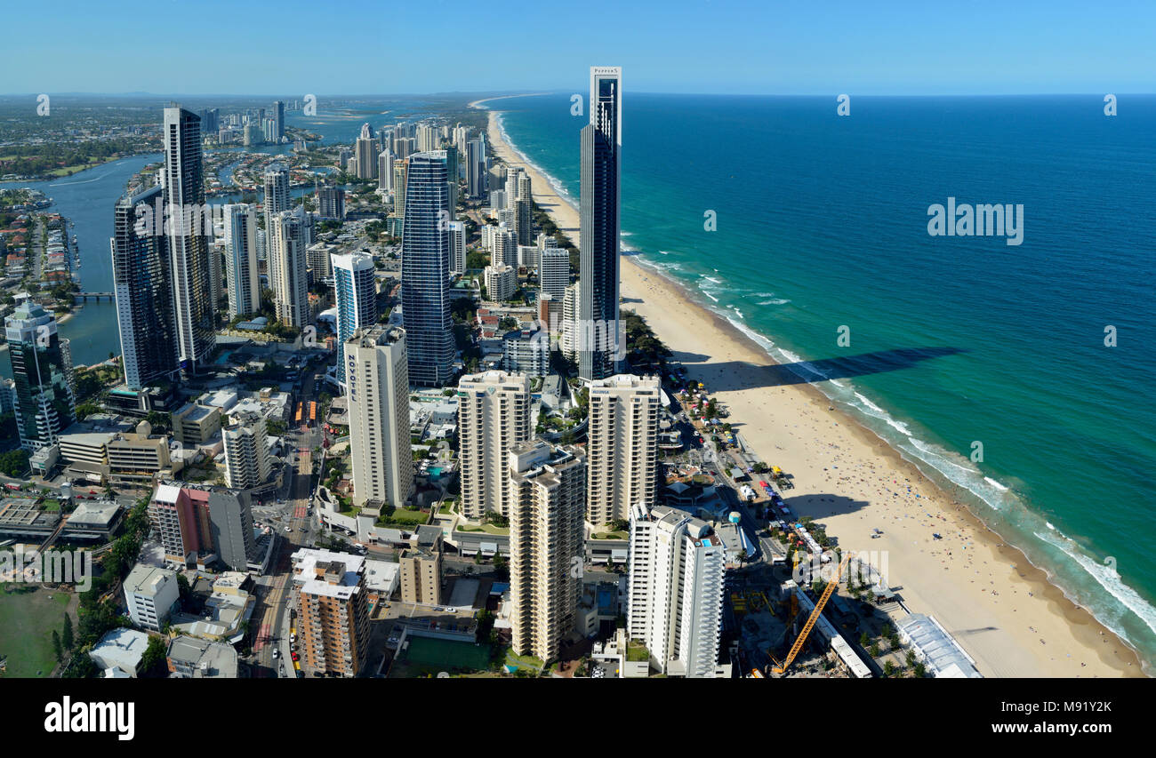 Surfers Paradise, Queensland, Australia - January 10, 2018. View over Surfers Paradise, with skyscrapers, commercial and residential buildings. Stock Photo