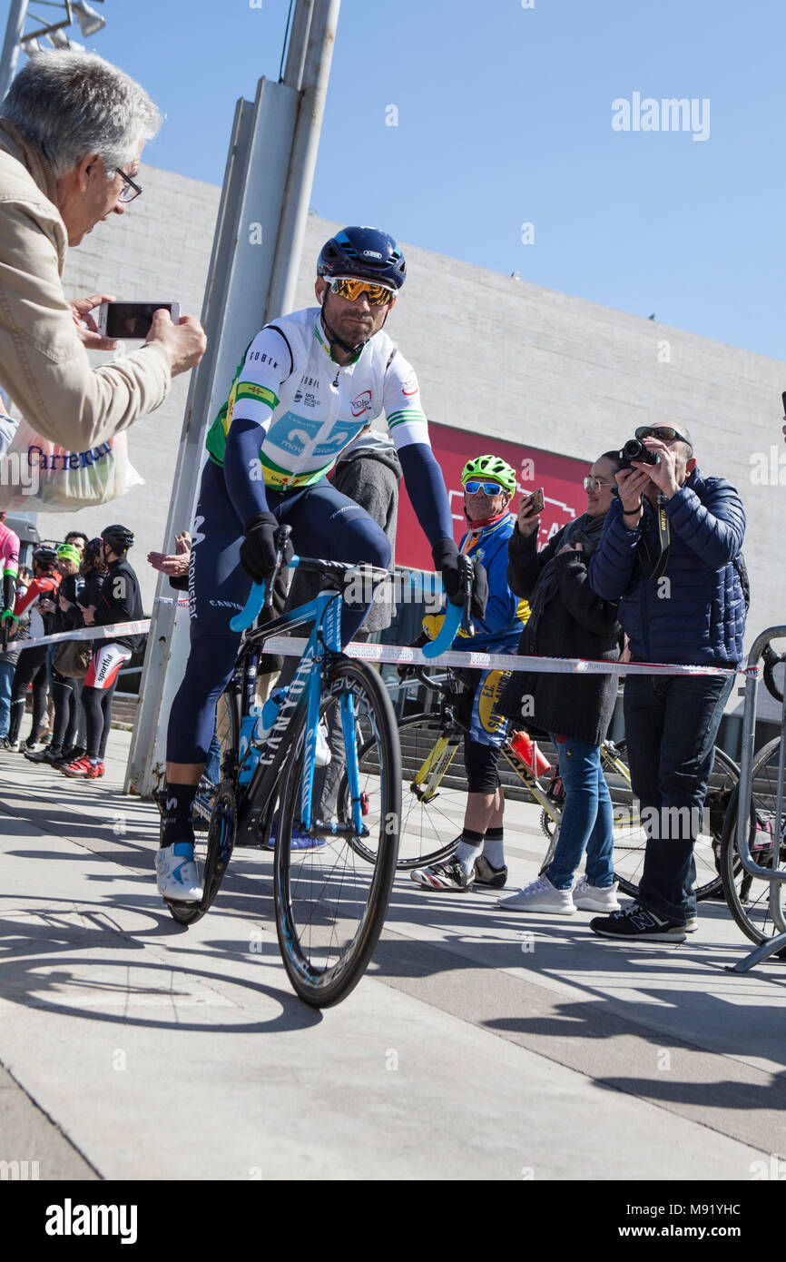Sant Cugat, Spain. 21st March, 2018. Race leader Alejandro Valverde  at sign-on of Stage 3 of the Volta Catalunya 2018. The cycle race departs from Sant Cugat del Valles, en route to Camprodon - shortened from its planned finish at Vallter 2000 due to avalanche risk. departs from Sant Cugat del Valles, en route to Camprodon - Credit: deadlyphoto.com/Alamy Live News Stock Photo