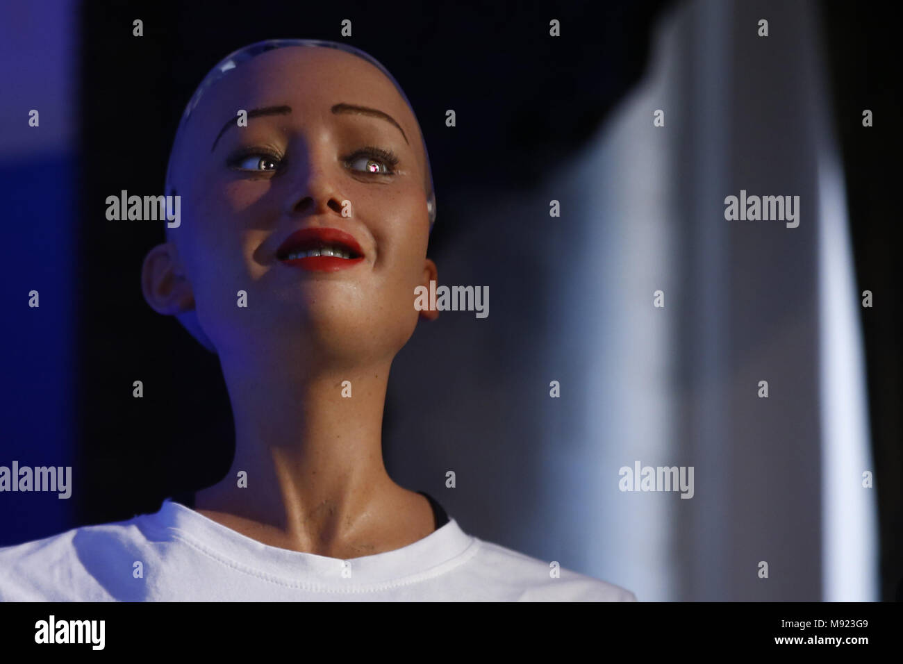 March 21, 2018 - Kathmandu, Nepal - Sophia, a humanoid robot with Saudi  Arabian citizenship reacts as she speaks during the United Nation's  innovation conference in Kathmandu, Nepal on March 21, 2018.