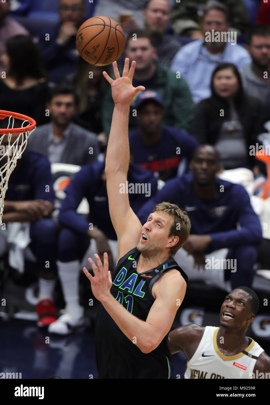 New Orleans, LA, USA. 20th Mar, 2018. Dallas Mavericks center Dirk Nowitzki (41) secure a rebound against New Orleans Pelicans at the Smoothie King Center in New Orleans, LA. Stephen Lew/CSM/Alamy Live News Stock Photo