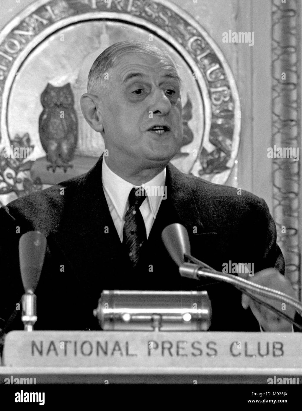 Washington, District of Columbia, USA. 23rd Apr, 1960. President Charles de Gaulle of France speaks at the National Press Club in Washington, DC on April 23, 1960. President de Gaulle is in Washington for a State visit to focus on talks with United States President Dwight D. Eisenhower in anticipation of the upcoming Big Four summit in May in Paris. It will be the first such meeting of leaders from the US, Great Britain, France, and the Soviet Union since World War II.Credit: Benjamin E. ''Gene'' Forte/CNP Credit: Benjamin E. ''Gene'' Forte/CNP/ZUMA Wire/Alamy Live News Stock Photo