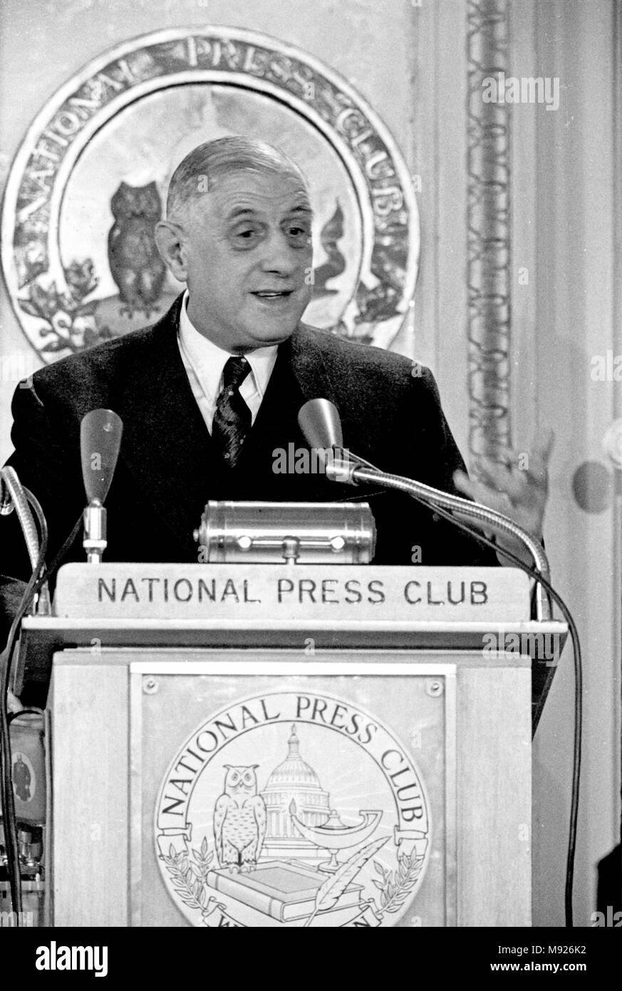 Washington, District of Columbia, USA. 23rd Apr, 1960. President Charles de Gaulle of France speaks at the National Press Club in Washington, DC on April 23, 1960. President de Gaulle is in Washington for a State visit to focus on talks with United States President Dwight D. Eisenhower in anticipation of the upcoming Big Four summit in May in Paris. It will be the first such meeting of leaders from the US, Great Britain, France, and the Soviet Union since World War II.Credit: Benjamin E. ''Gene'' Forte/CNP Credit: Benjamin E. ''Gene'' Forte/CNP/ZUMA Wire/Alamy Live News Stock Photo