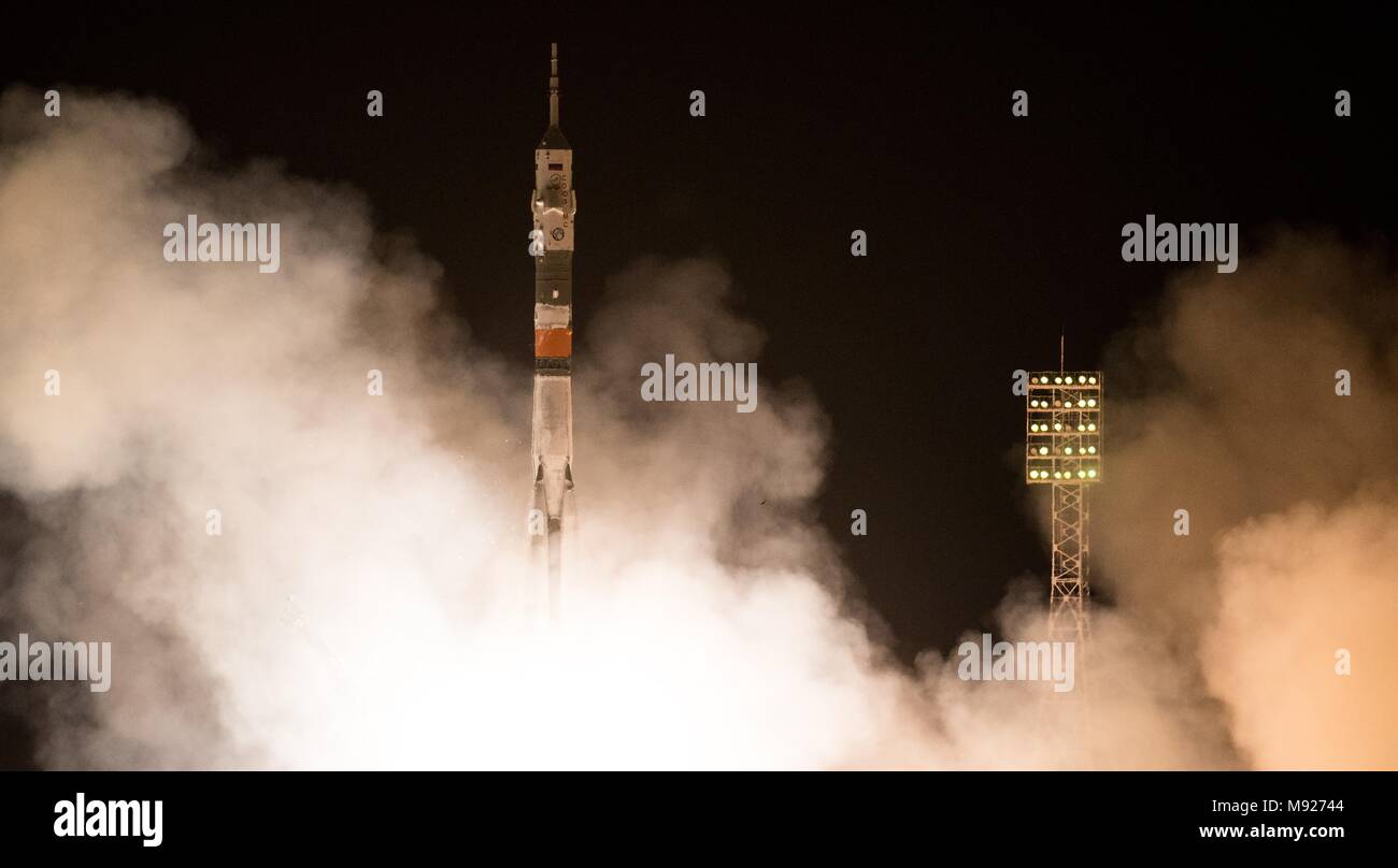 Baikonur, Kazakhstan. March 21, 2018. The Russian Soyuz MS-08 rocket lifts off carrying the International Space Station Expedition 55 crew from the Baikonur Cosmodrome March 21, 2018 in Baikonur, Kazakhstan. Russian cosmonaut Oleg Artemyev of Roscosmos and American astronauts Ricky Arnold and Drew Feustel of NASA will spend the next five months living and working aboard the International Space Station. Credit: Planetpix/Alamy Live News Stock Photo