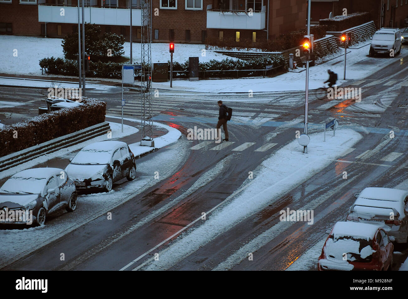Copenhagen, Denmark. 22nd March, 2018. Snow falls in Danish capital