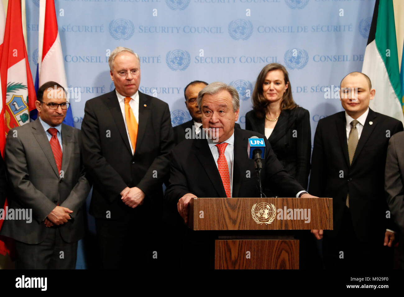 United Nations. 21st Mar, 2018. United Nations Secretary-General Antonio Guterres (front) speaks during a tree-planting ceremony on the occasion of the International Day of Forests at the UN headquarters in New York, March 21, 2018. United Nations Secretary-General Antonio Guterres said Wednesday that tree-planting contributes to mitigating climate change impact. Credit: Li Muzi/Xinhua/Alamy Live News Stock Photo