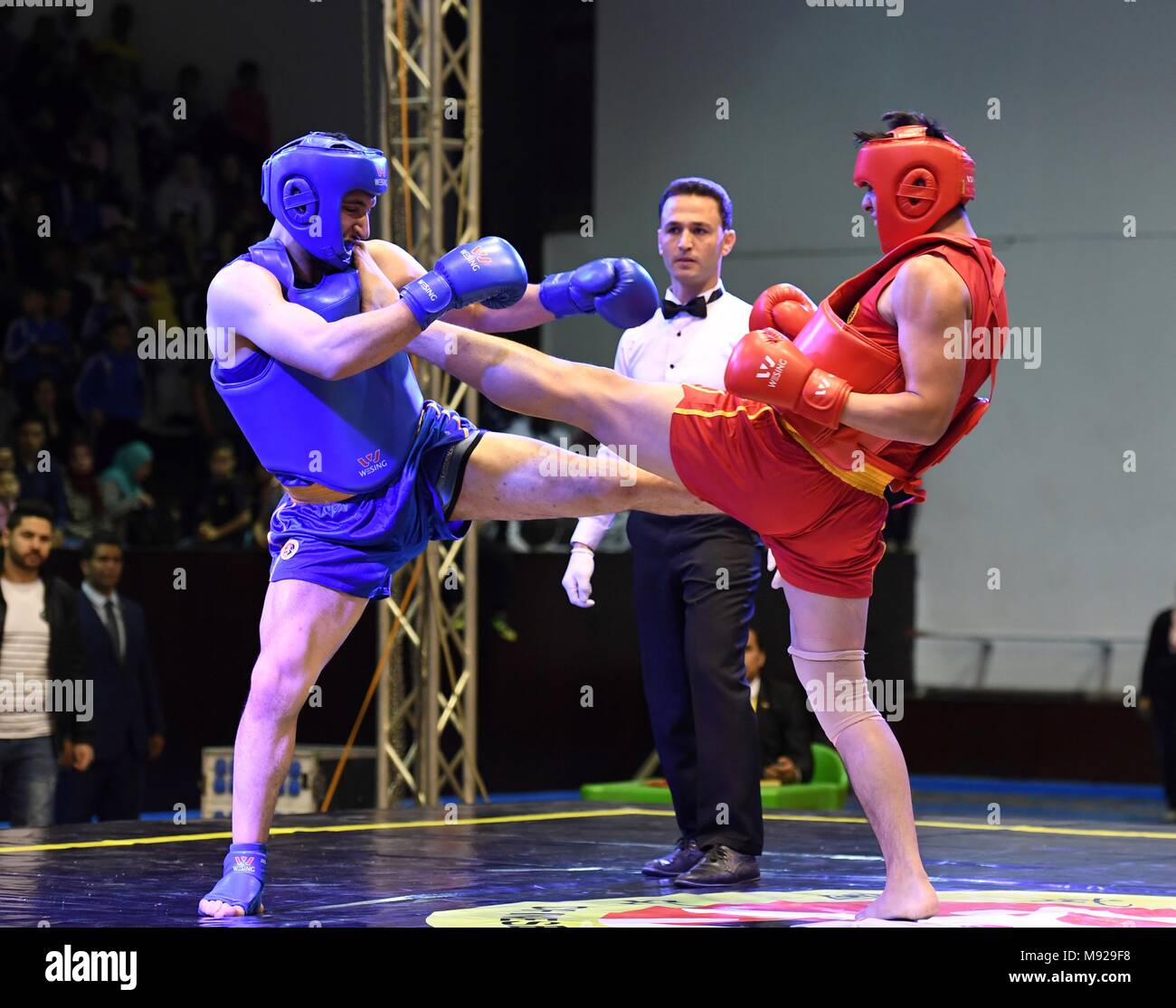 Cairo, Egypt. 21st Mar, 2018. Pang Shuai (R) of China fights with Mahmoud Atef of Eygpt during the 90kg category of the 2018 Horus Cup of free combat competiton between China and Egypt in Cairo, Egypt, on March 21, 2018. China won 5-3. Credit: Wu Huiwo/Xinhua/Alamy Live News Stock Photo