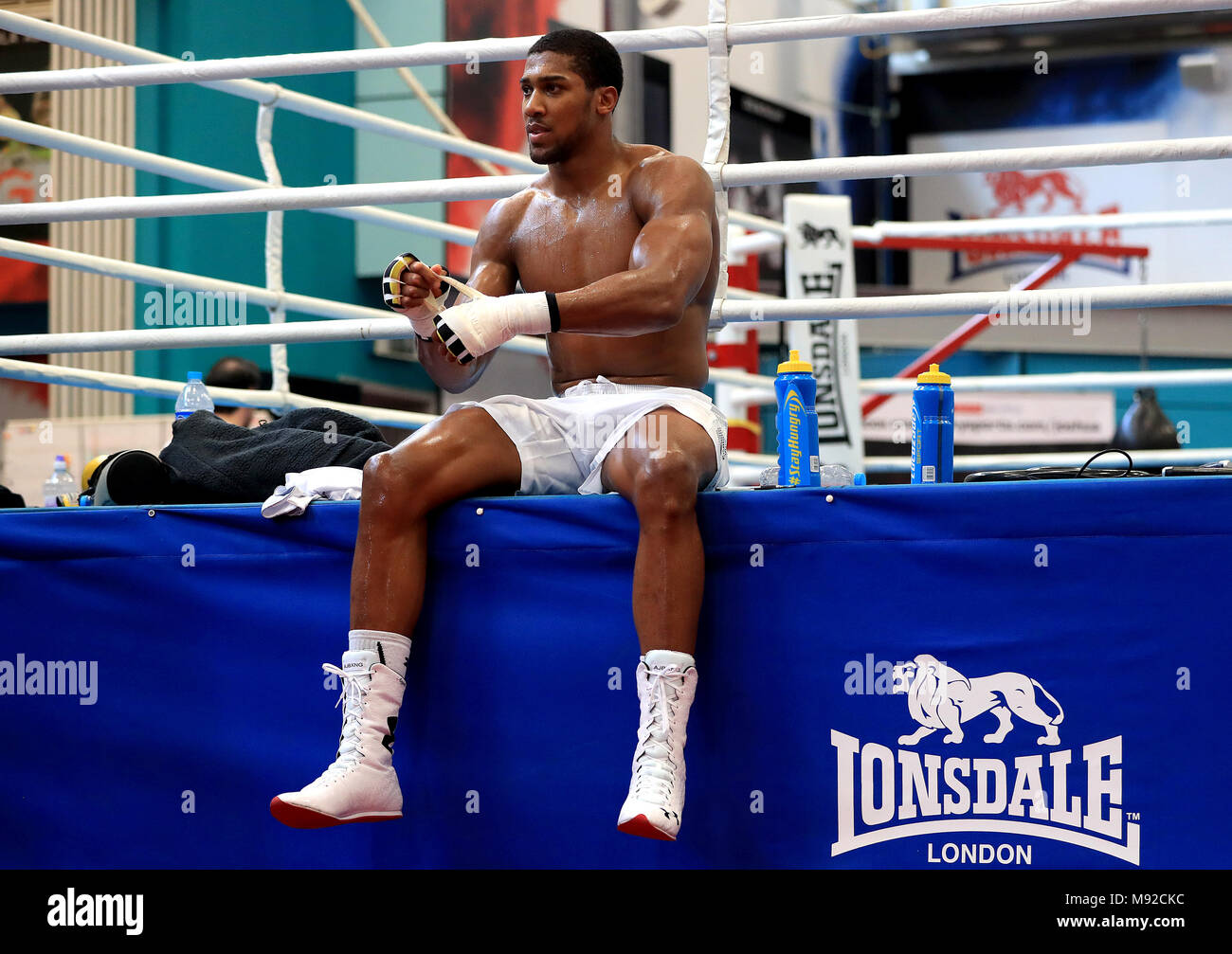 Anthony Joshua during the workout at the English Institute of Sport, Sheffield. Stock Photo