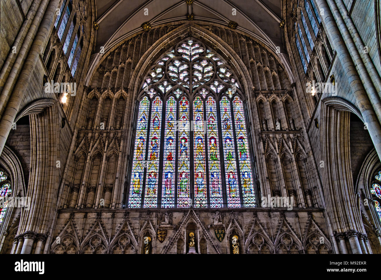 York, United Kingdom 02/08/2018 The large stained glass window in