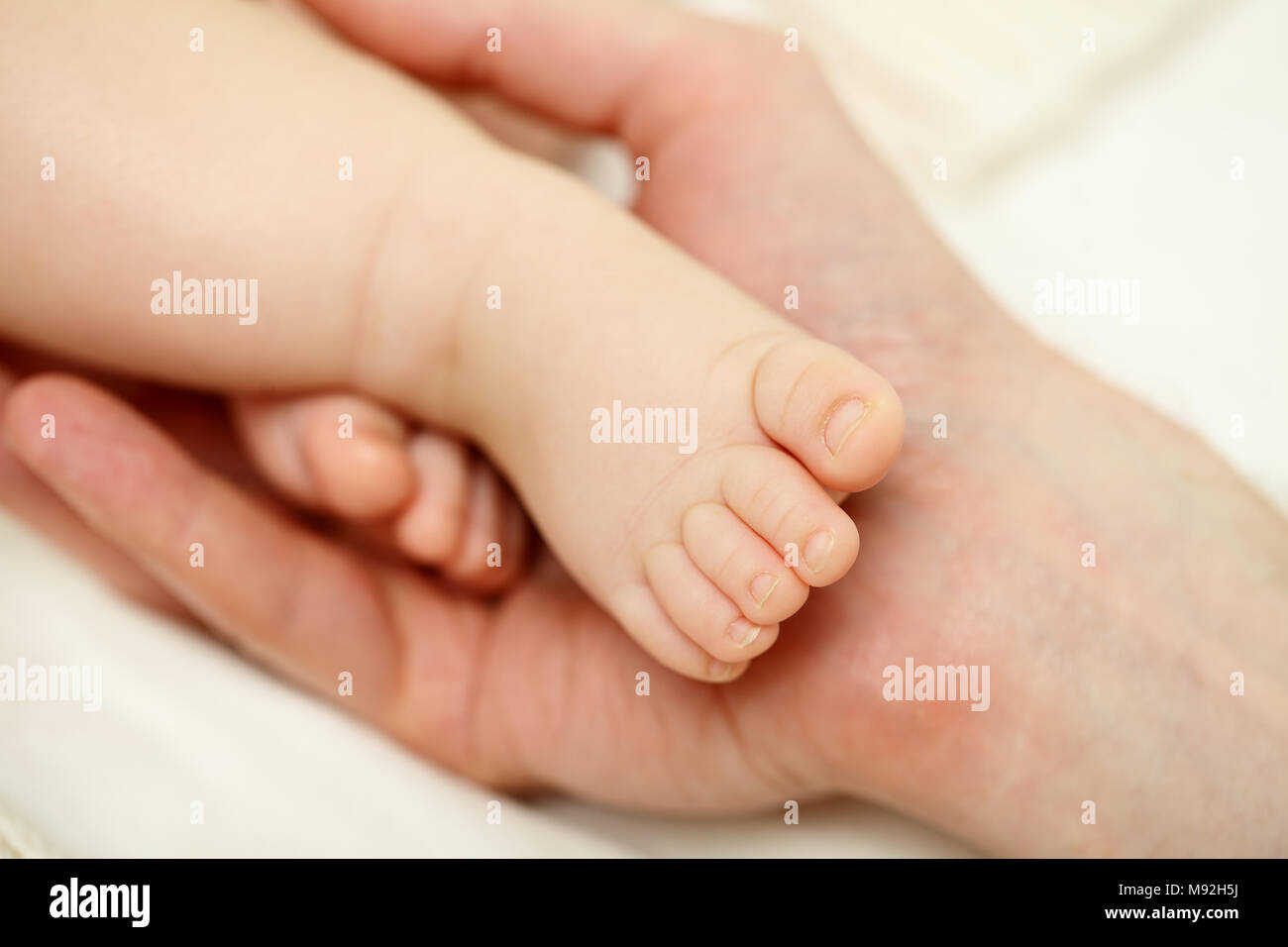Little beautiful newborn baby foot in male hand Stock Photo