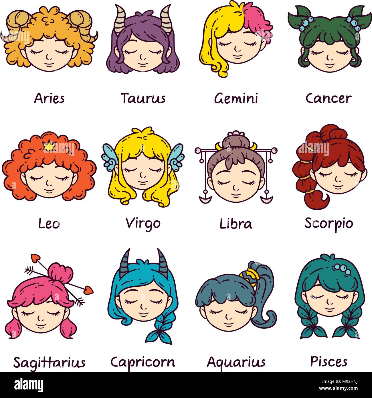 Set of horoscope signs as women. Zodiac for girls. Vector illustration of astrological signs
