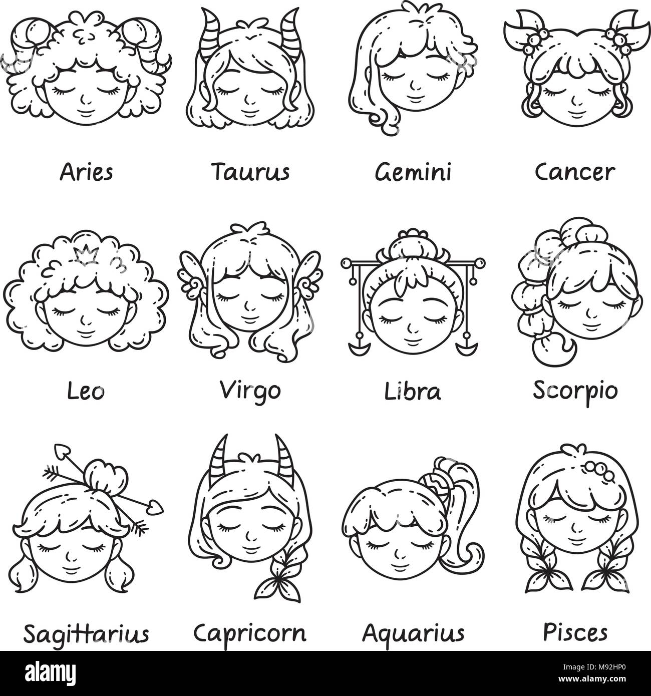 Set of horoscope signs as women. Zodiac for girls. Vector illustration of astrological signs. Girls with closed eyes. Black and white illustration. Ou Stock Vector