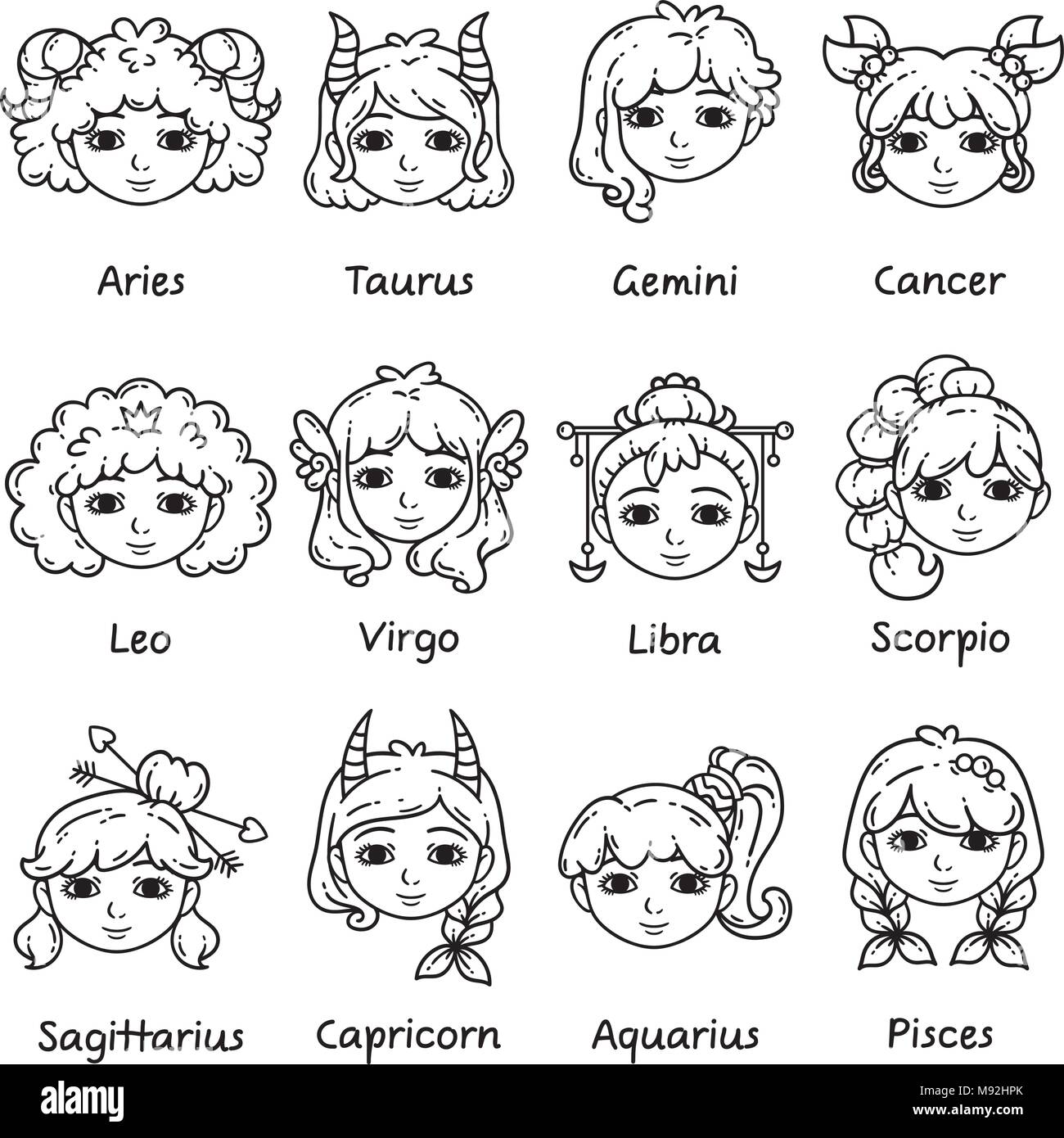 Set of horoscope signs as women. Zodiac for girls. Vector illustration of astrological signs. Girls with opened eyes. Black and white illustration. Ou Stock Vector