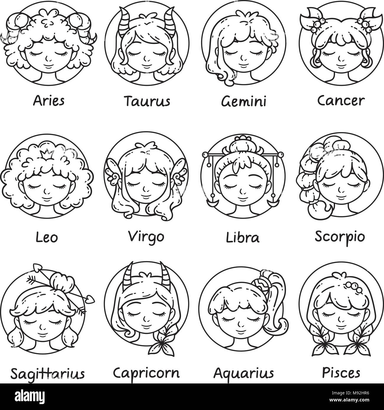 Set of horoscope signs as women. Zodiac for girls. Vector illustration of astrological signs. Girls with closed eyes. Black and white illustration. Ou Stock Vector
