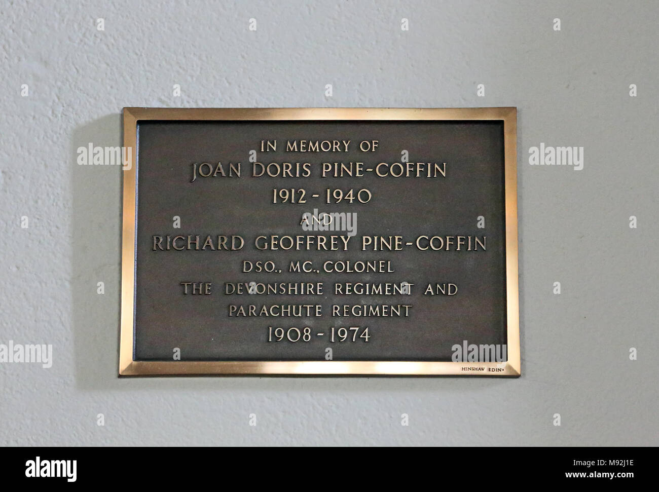 Pine-Coffin memorial plaque in St Peter's church, Bamford Speke, Exeter, Devon, UK. Stock Photo