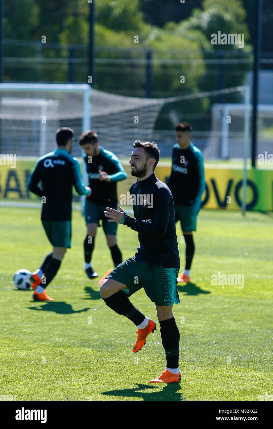 Portugal miedfielder Bruno Fernandes during training session at Cidade do Futebol training camp in Oeiras, on March 21, 2018, before friendly match. Stock Photo