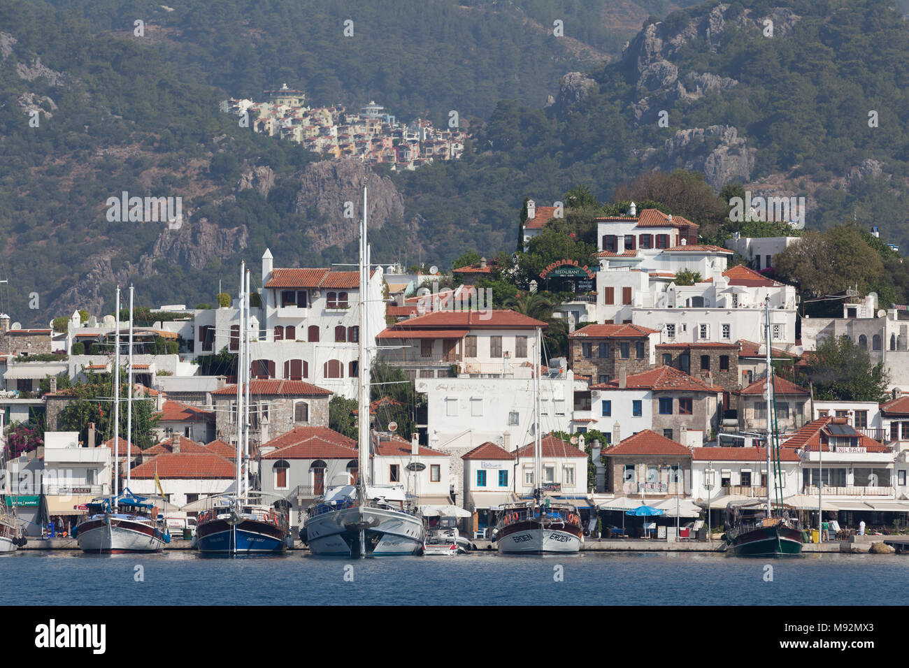 View from the sea to the white houses of the city of Marmaris, Turkey, 11 August, 2017 Stock Photo