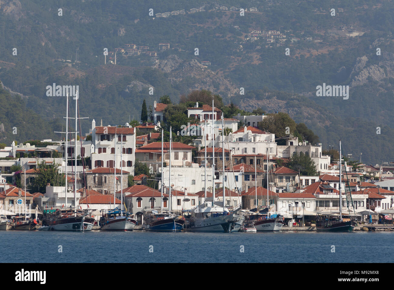 View from the sea to the white houses of the city of Marmaris, Turkey, 11 August, 2017 Stock Photo