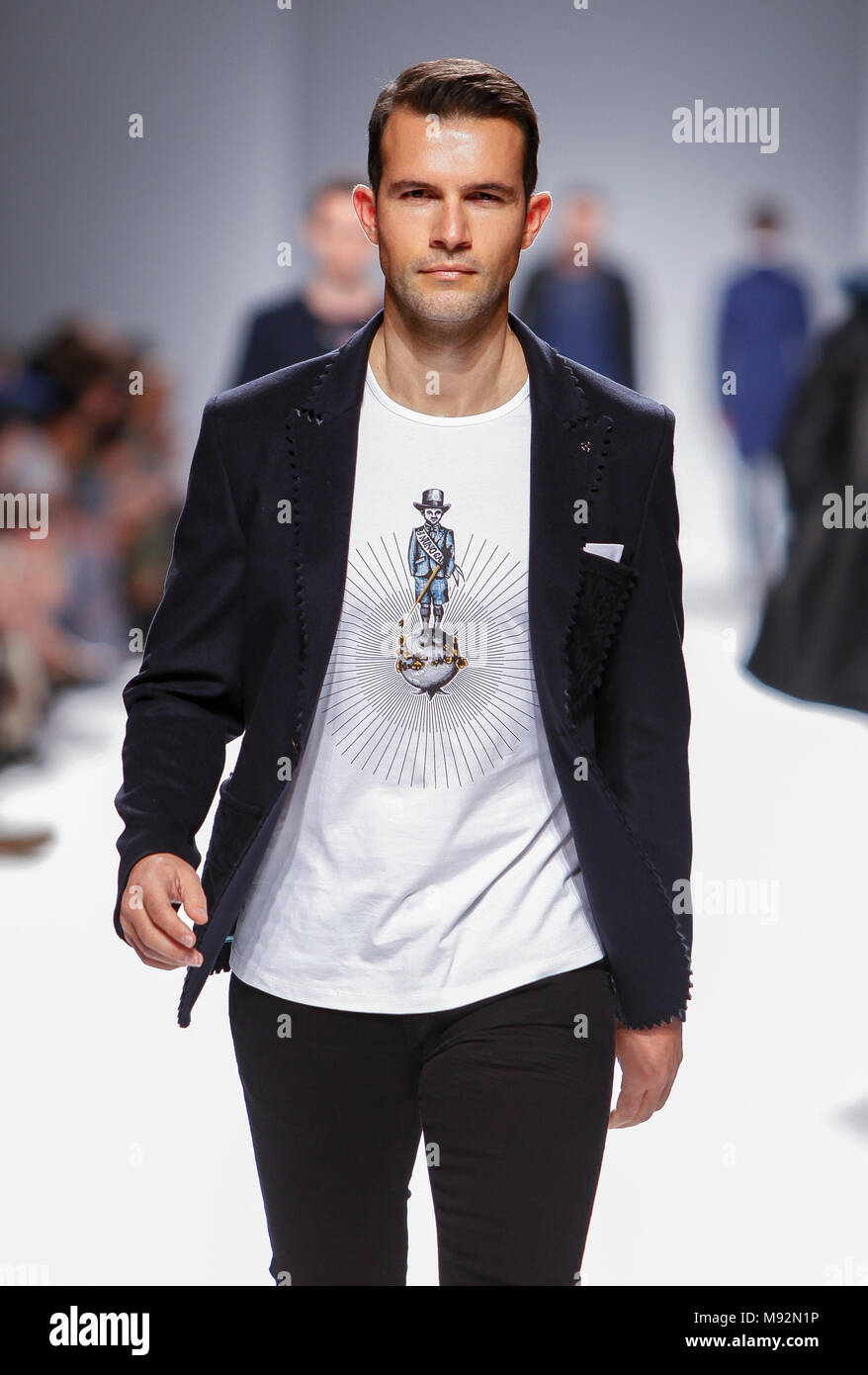 Model walks the cat walk Nuno Gama F/W 18-19 collection runway show at 50 edition of Lisboa Fashion Week, on March 10, 2018 in Lisbon, Portugal Stock Photo