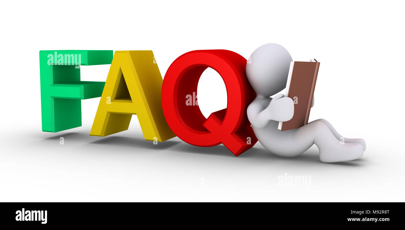 Person reading book and FAQ letters Stock Photo - Alamy