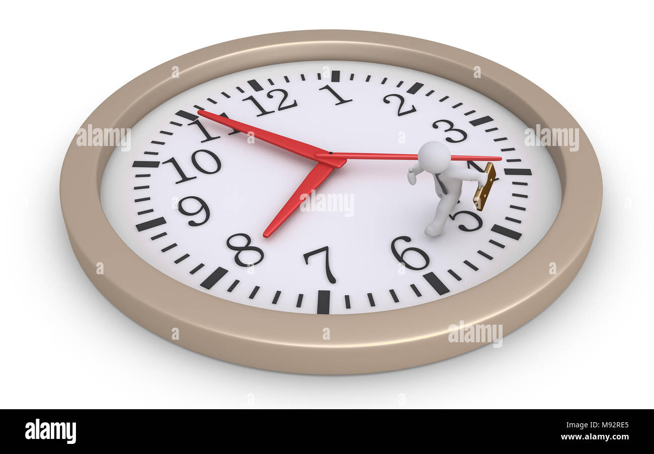 Businessman is running inside a round clock to catch the time Stock