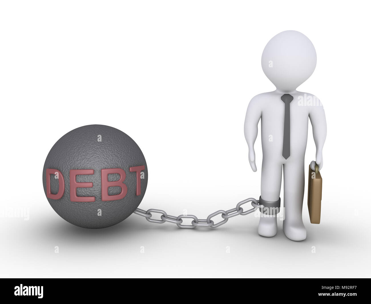 Businessman is detained by a chain ball with the word DEBT on it Stock Photo
