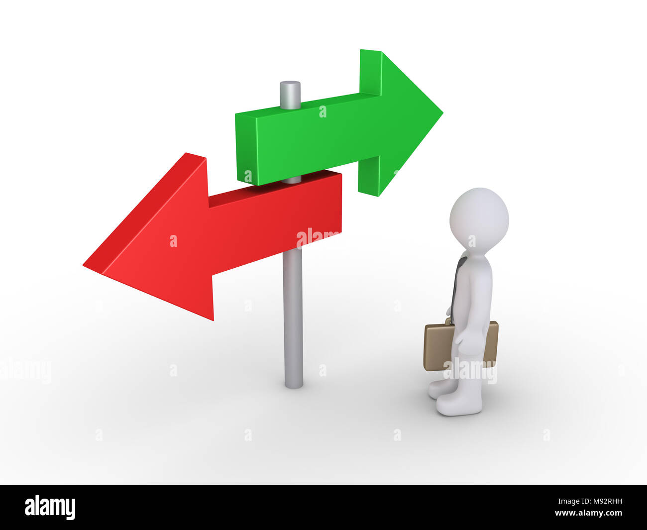 Businessman is looking at two signs pointing at different directions