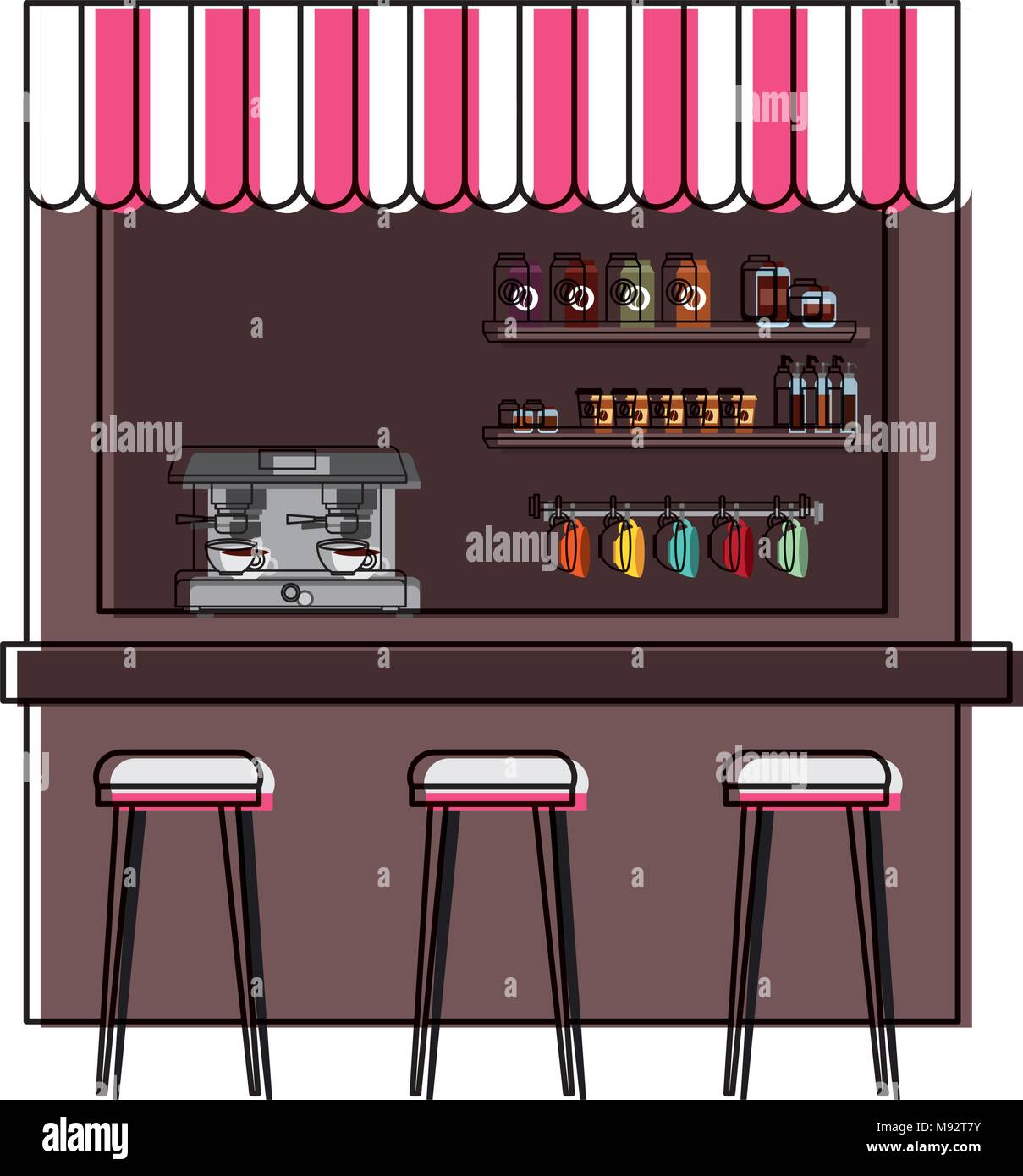 coffee shop machine espresso stools and shelf Stock Vector