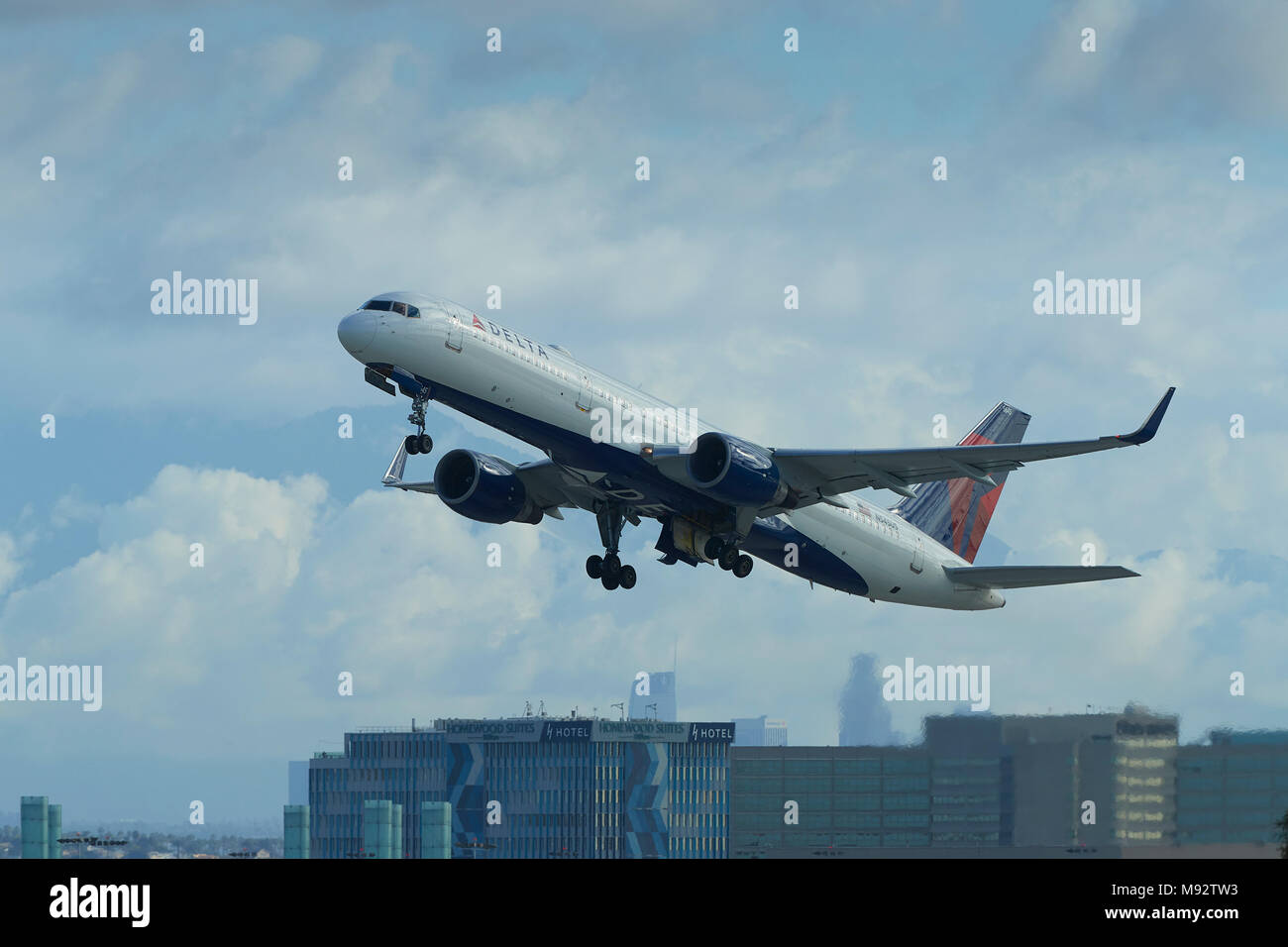 Delta Air Lines Boeing 757 Jet Airliner, Climbing Away From Los Angeles International Airport, LAX, California, USA. Stock Photo