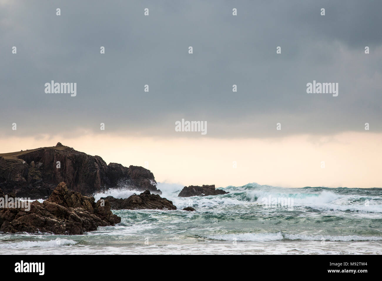 Atlantic waves at Mangursta beach on the Isle of Lewis in the Outer Hebrides. Stock Photo