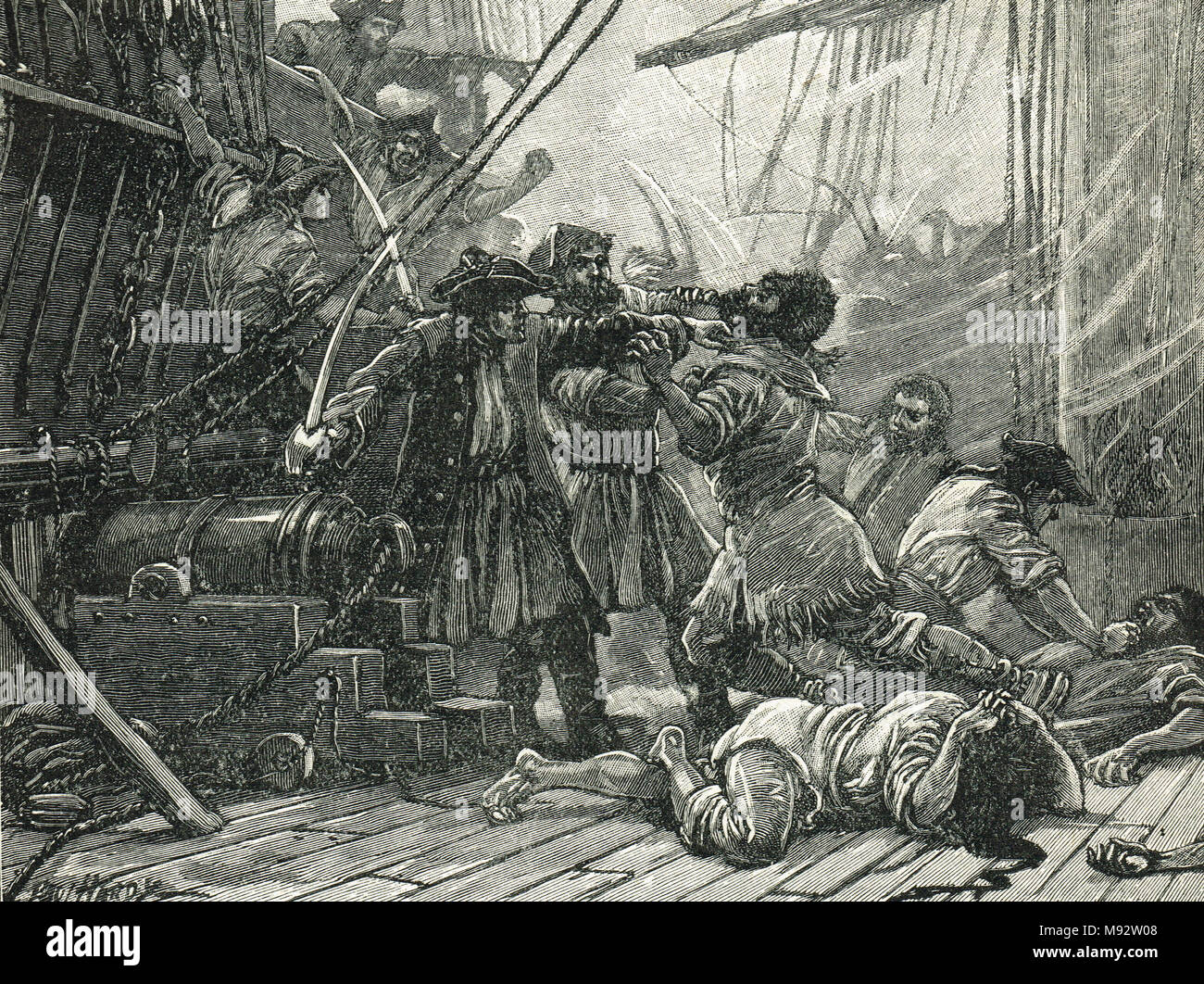 Revenue Cutters capturing an American smuggling vessel 1765 Stock Photo