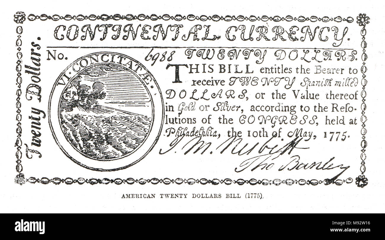 American $20 bill, issued by the Continental Congress, American War of Independence, 1775–1783 Stock Photo