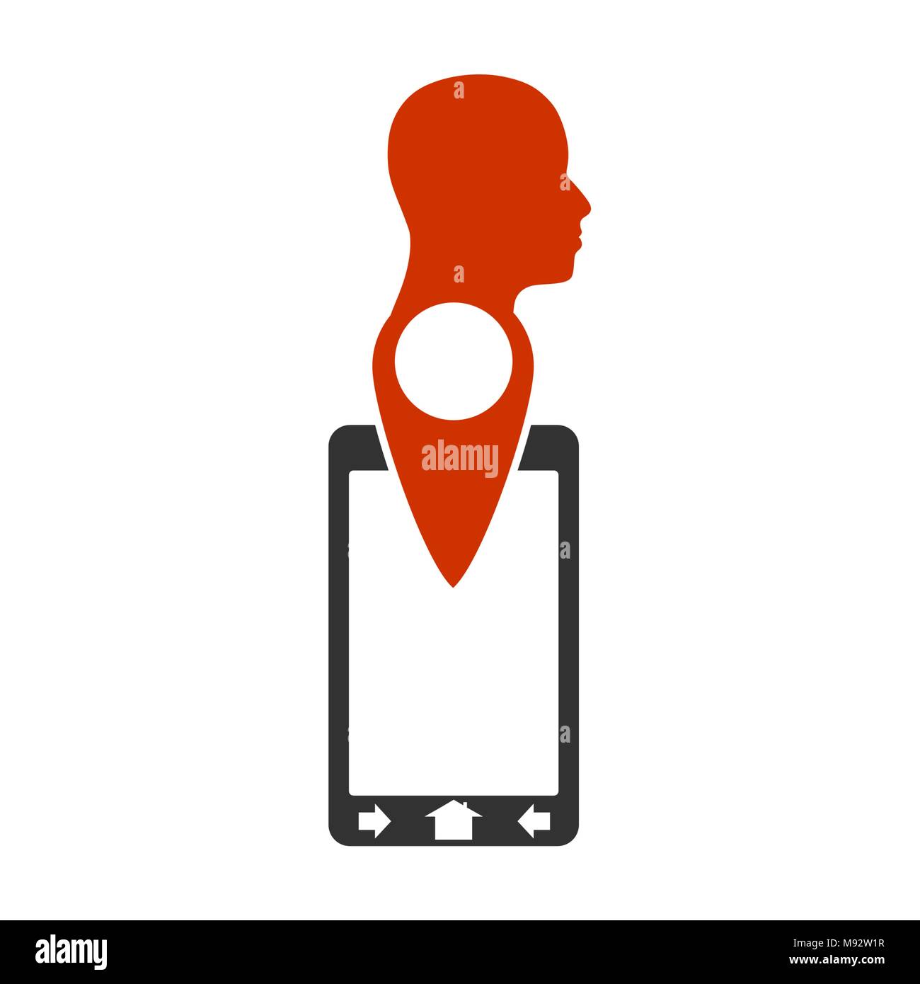 Face silhouette in profile on map pin. Stock Vector
