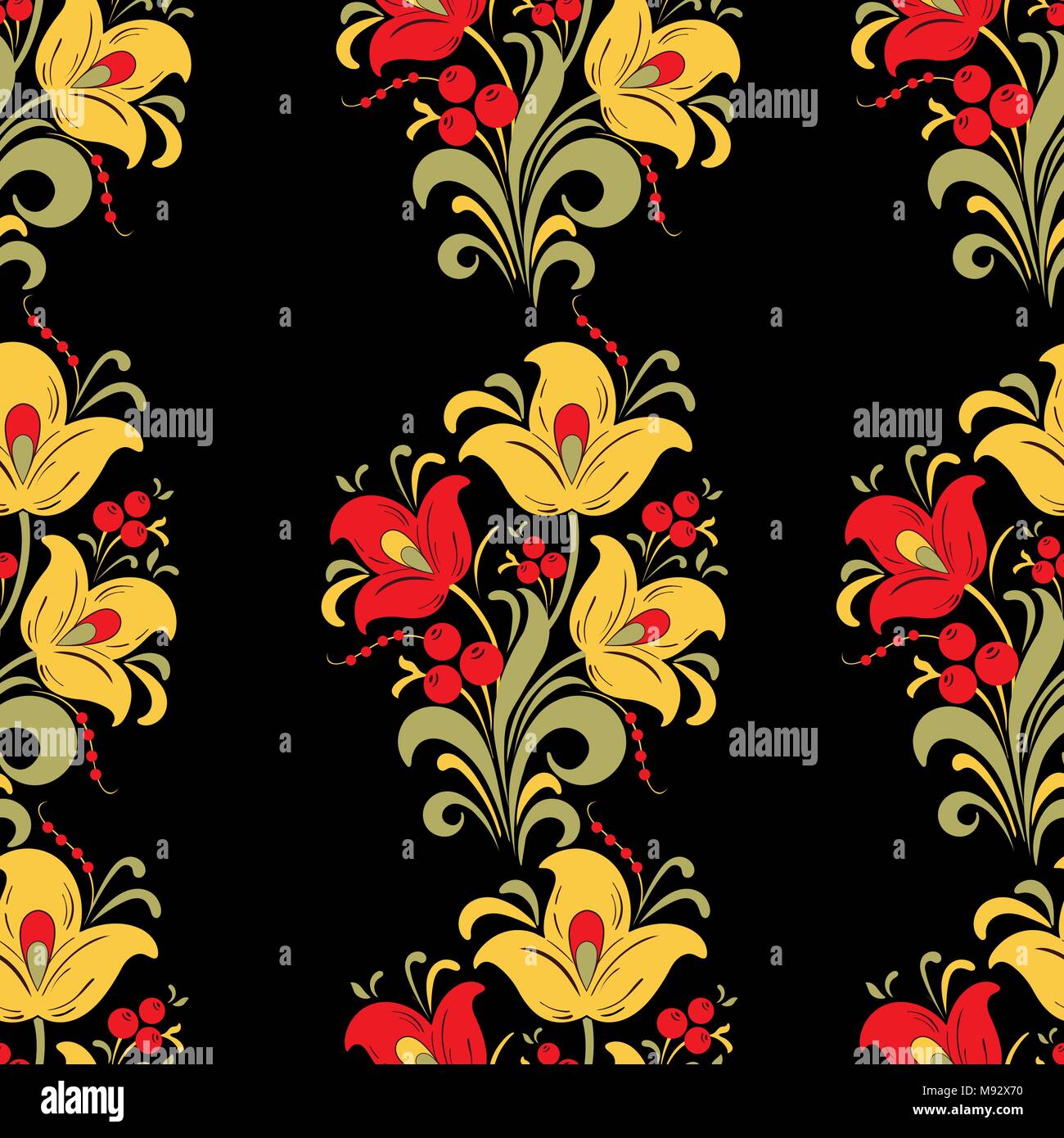 Abstract stylized flower seamless pattern, vector background. Red, yellow, green decorative flower, berries and curls on a black backdrop. For fabric  Stock Vector