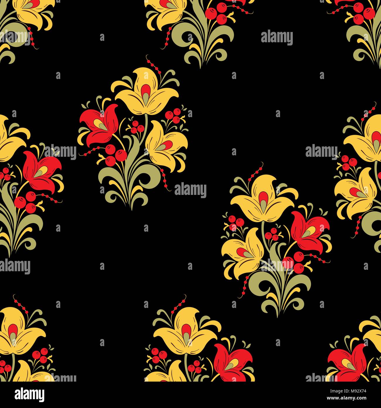 Abstract stylized flower seamless pattern, vector background. Red, yellow, green decorative flower, berries and curls on a black backdrop. For fabric  Stock Vector