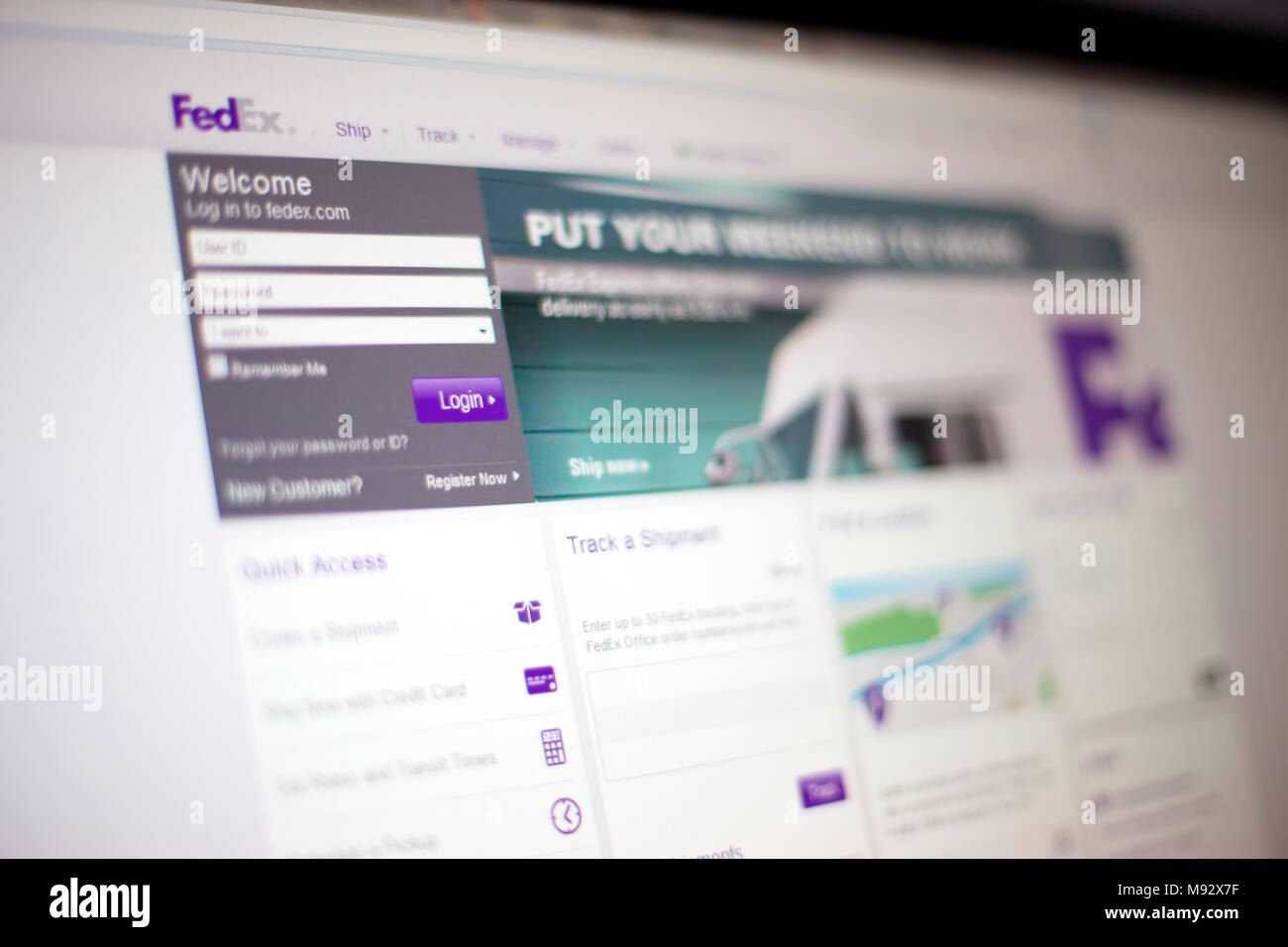 BELGRADE, SERBIA - MAY 27, 2014: View at computer screen with FedEx site. FedEx Corporation is an American multinational courier delivery services com Stock Photo