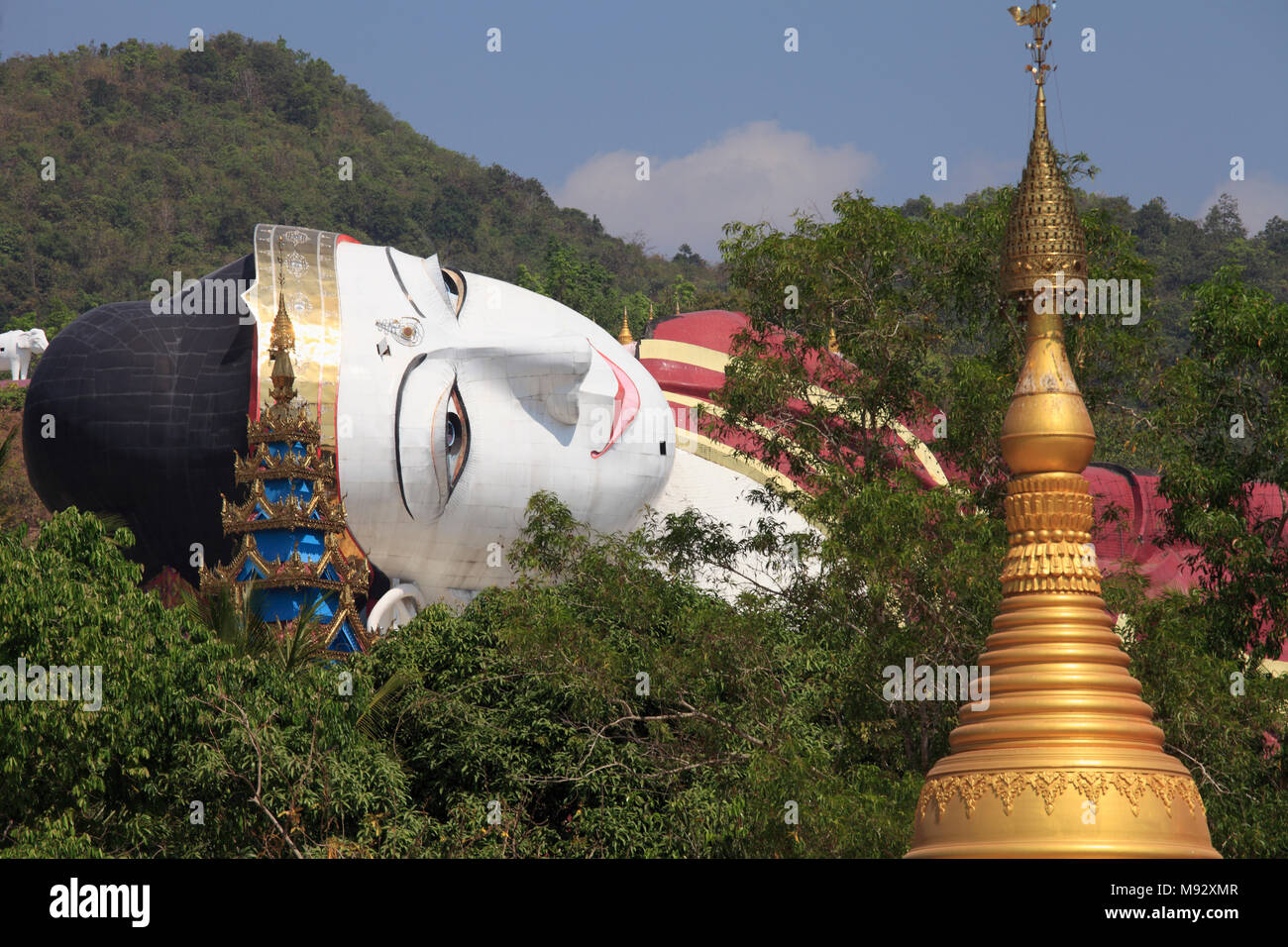 Myanmar, Mon State, Mudon, Win Sein Taw Ya, Reclining Buddha, statue, Stock Photo