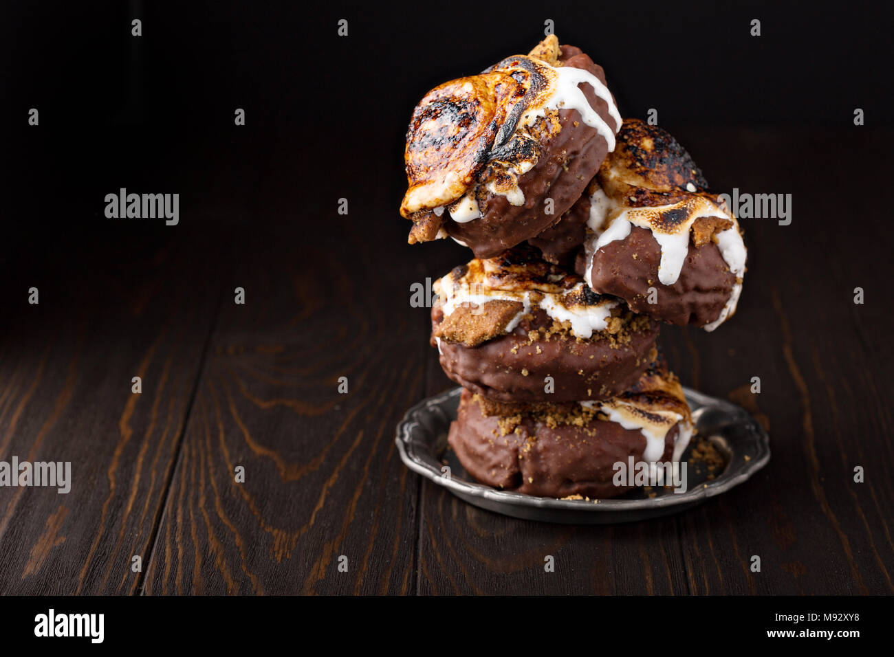 Smores Old Fashioned Fried Donut On Dark Background Stock Photo Alamy