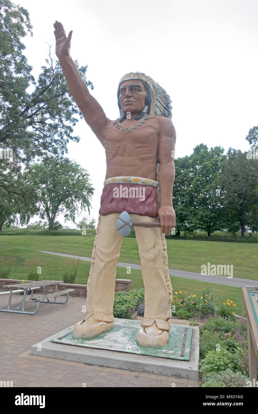 Chief Wenonga Statue at a site of an Indian battle in the 1790's located in a roadside park. Battle Lake Minnesota MN USA Stock Photo
