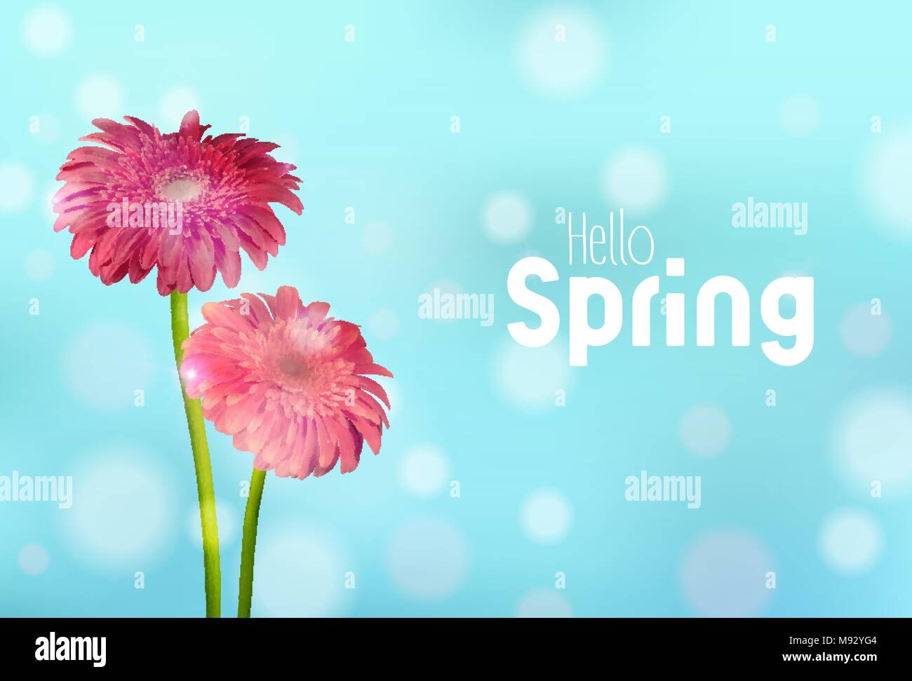 Hello Spring greeting card illustration with pink daisy flowers and blue sky background. EPS10 vector. Stock Vector
