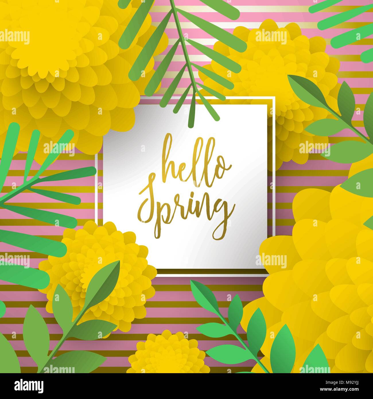 Hello Spring greeting card illustration with 3d paper art flowers and ...