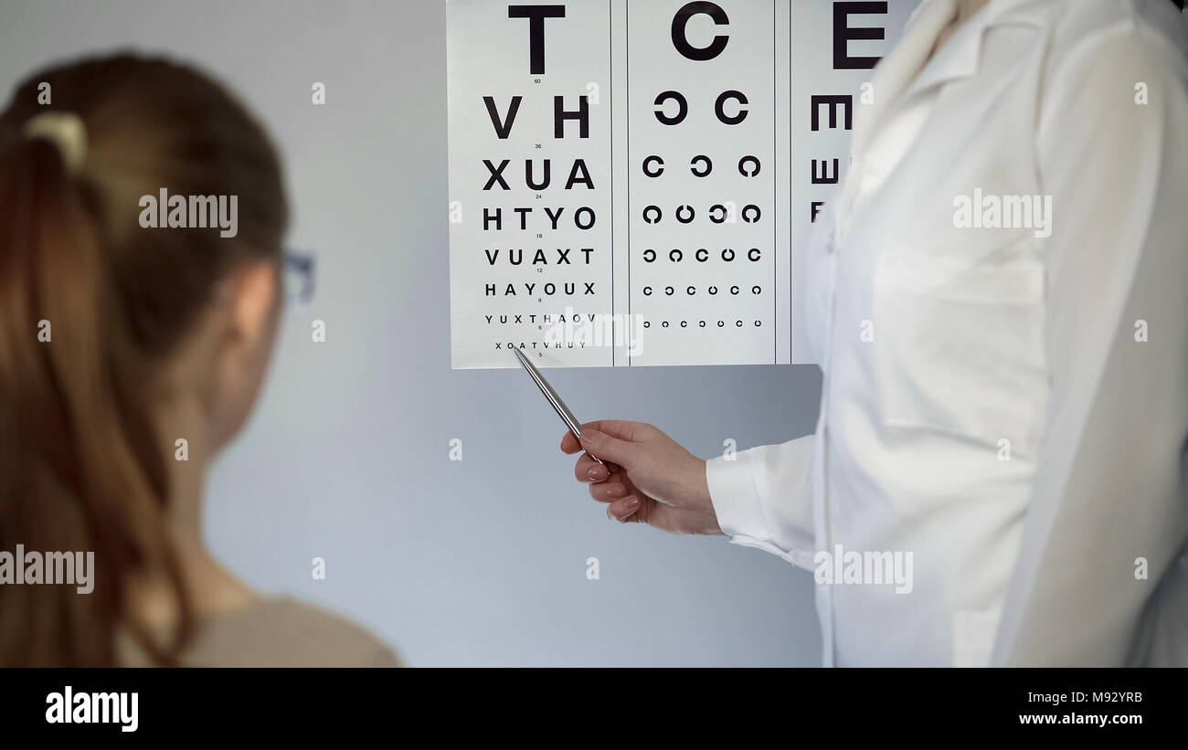 Eye doctor pointing at table with small letters, checking patients eyesight Stock Photo