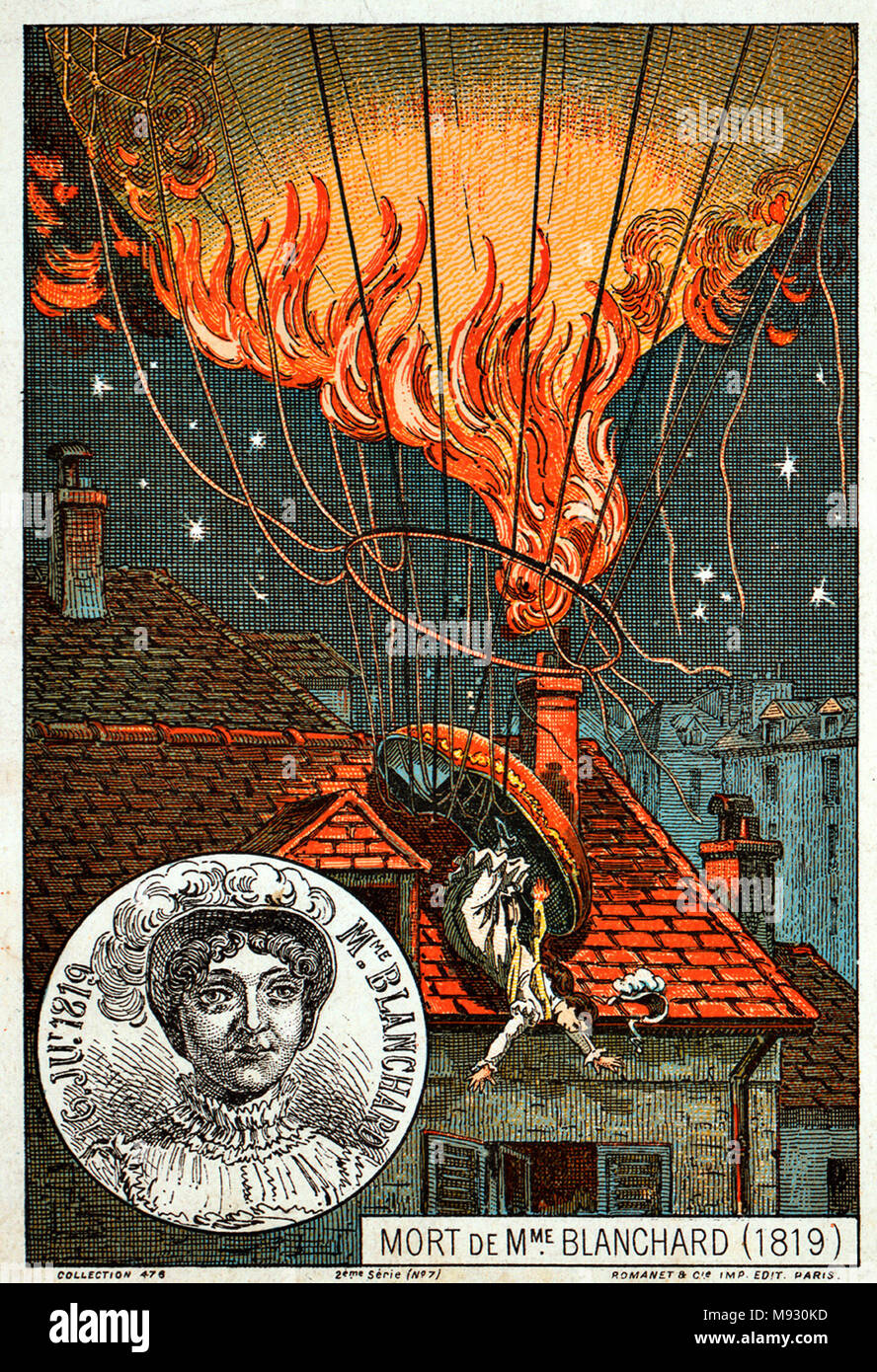 Sophie Blanchard (25 March 1778 – 6 July 1819) first woman to work as a professional balloonist, wife of ballooning pioneer Jean-Pierre Blanchard. Death of Blanchard, an illustration from the late 19th century Stock Photo