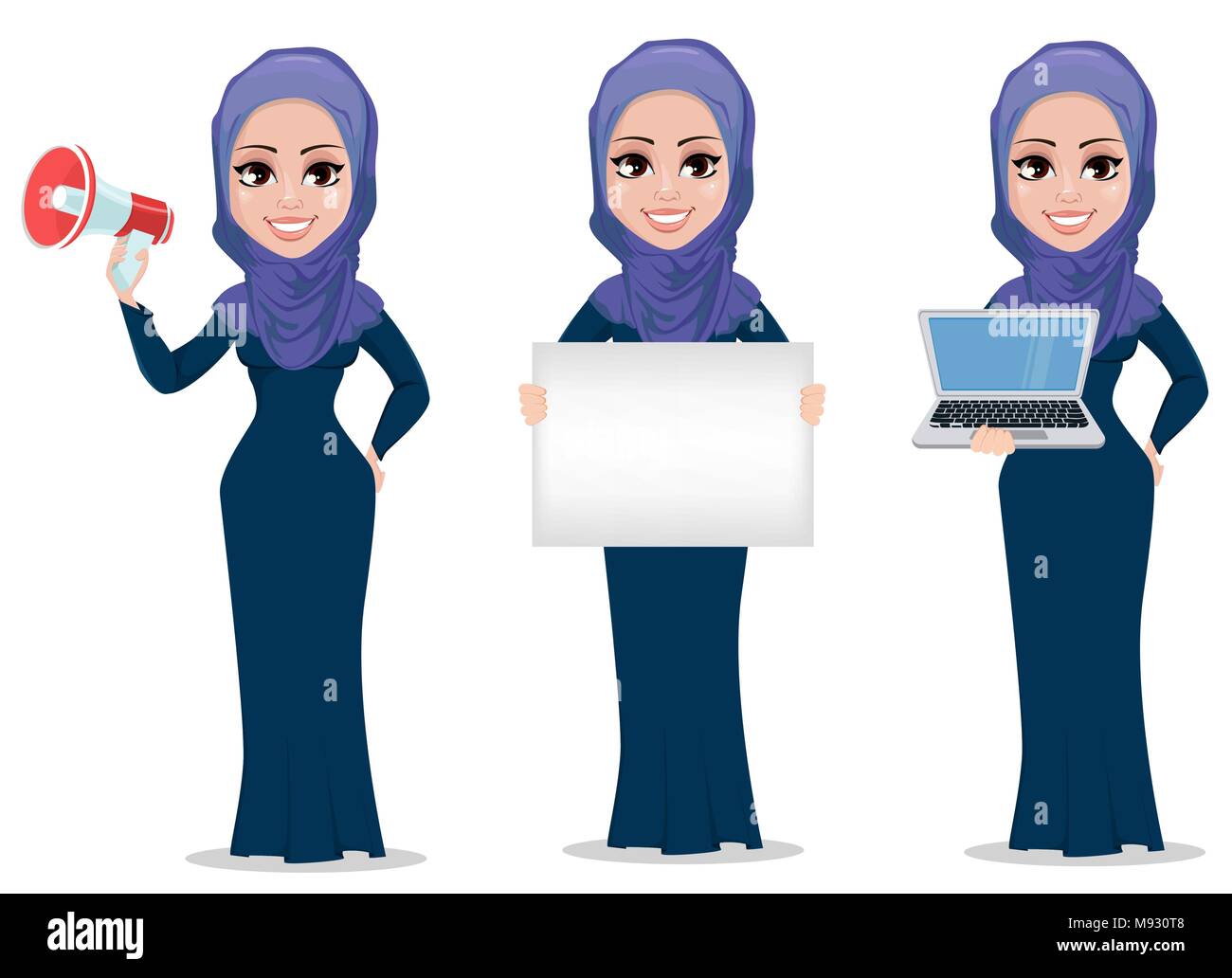 Arabic business woman cartoon character set. Young Muslim businesswoman in casual clothes holds loudspeaker, holds placard and holds laptop. Vector il Stock Vector