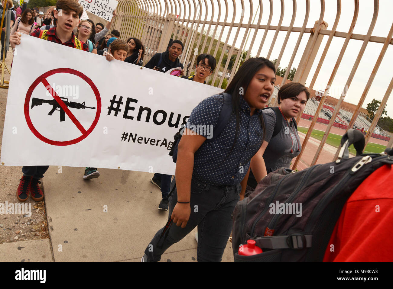 Hundreds of Tucson High School students walk out of class in Tucson, Arizona, USA, on March 14, 2018, in remembrance of victims of the shooting at Mar Stock Photo