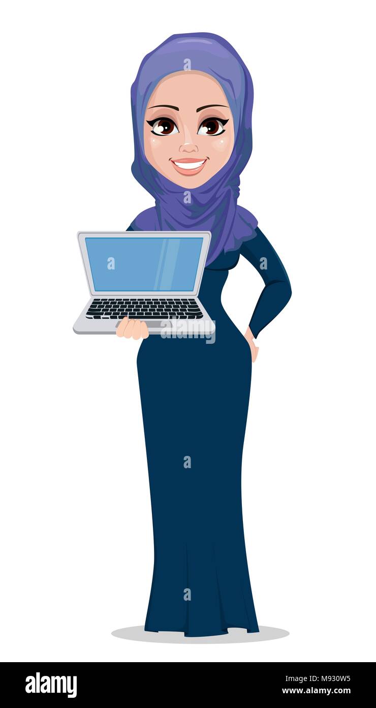 Arabic business woman cartoon character. Young smiling Muslim businesswoman in casual clothes holds laptop. Vector illustration on white background. Stock Vector