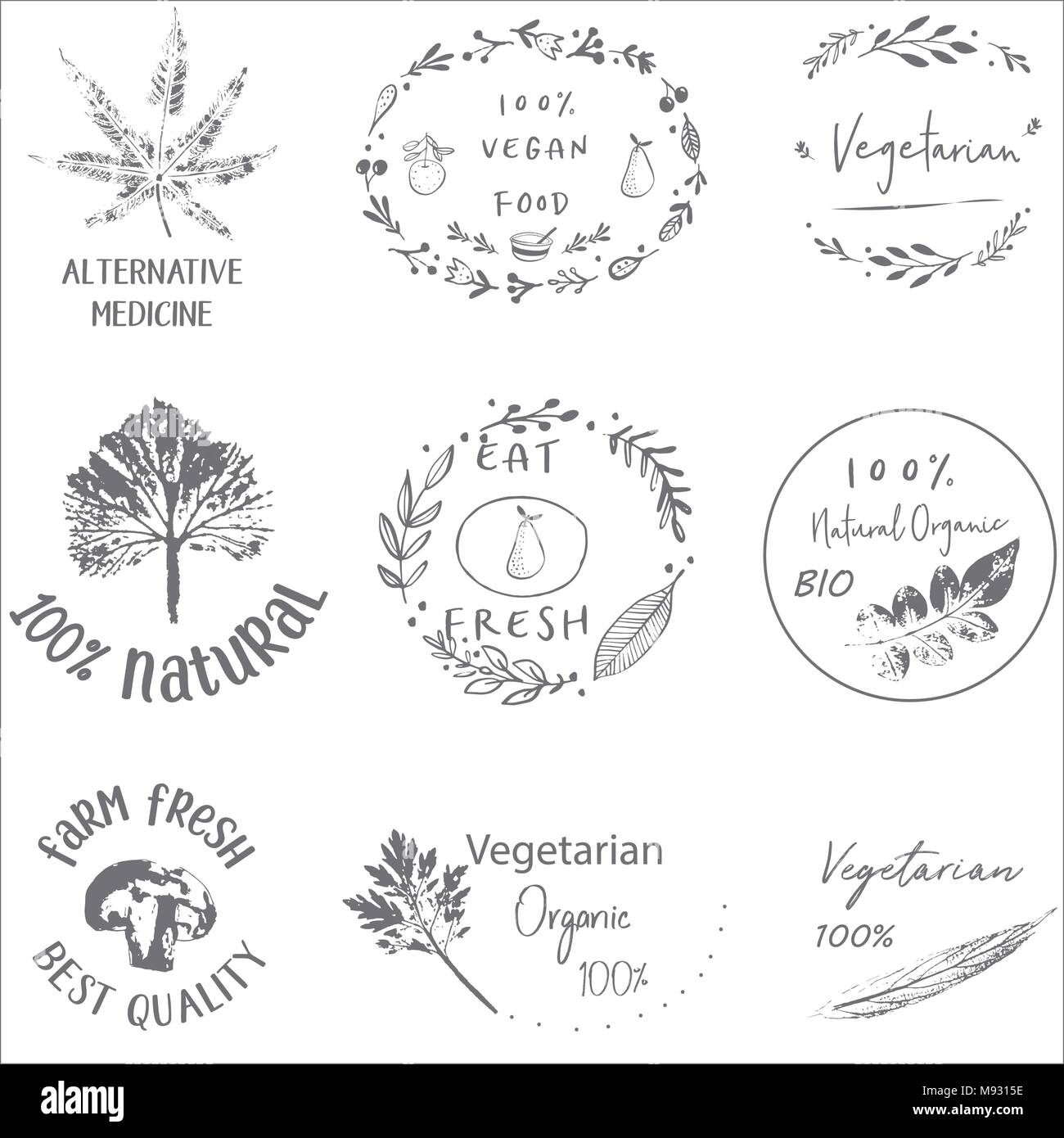 Hand drawn labels and elements collection for organic food and drink ...