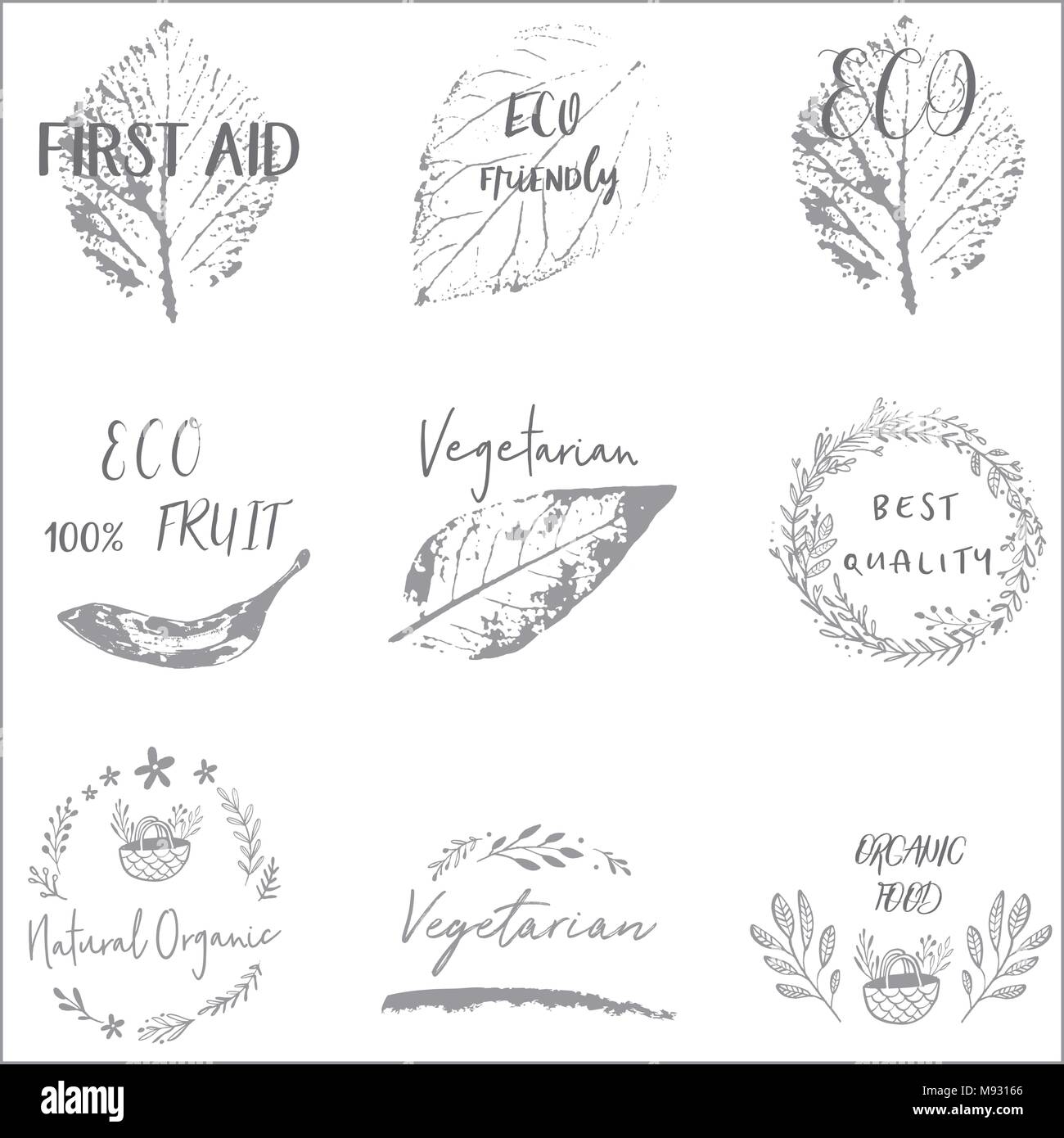 Hand drawn labels and elements collection for organic food and drink ...