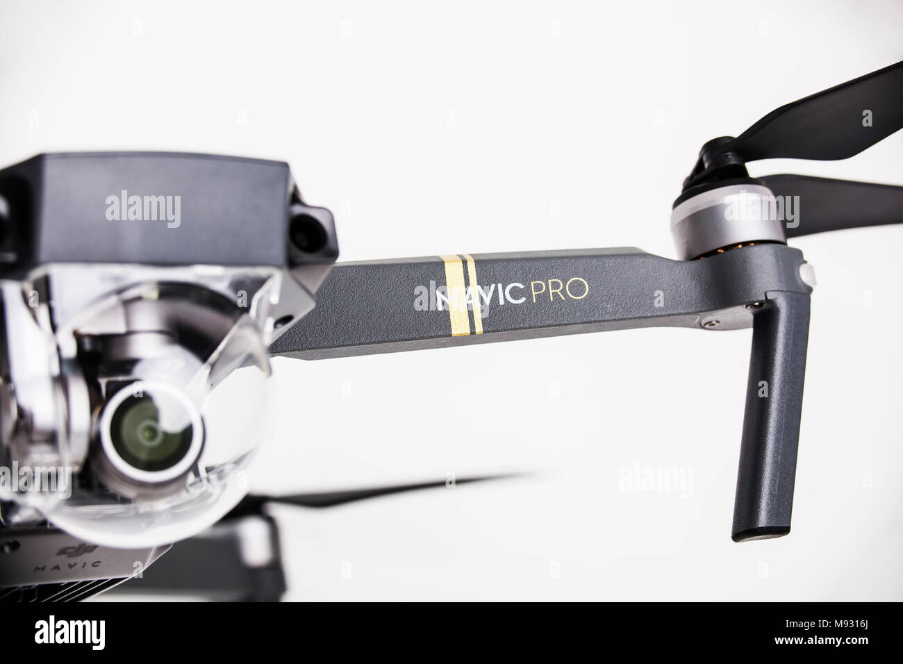 DJI Mavic Pro drone: ISRAEL, OCTOBER 2, 2017. Closeup, on white background. One of the most portable drones in the market, with 4k ultra hd. Stock Photo