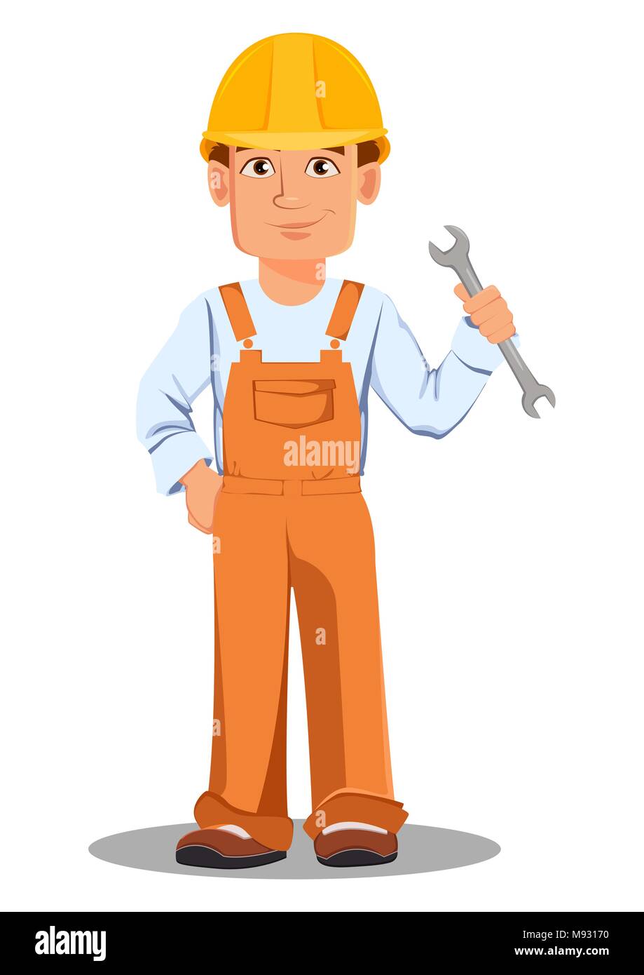 Handsome builder in uniform, cartoon character. Professional construction worker. Smiling repairman with a cup of coffee. Vector illustration on white Stock Vector