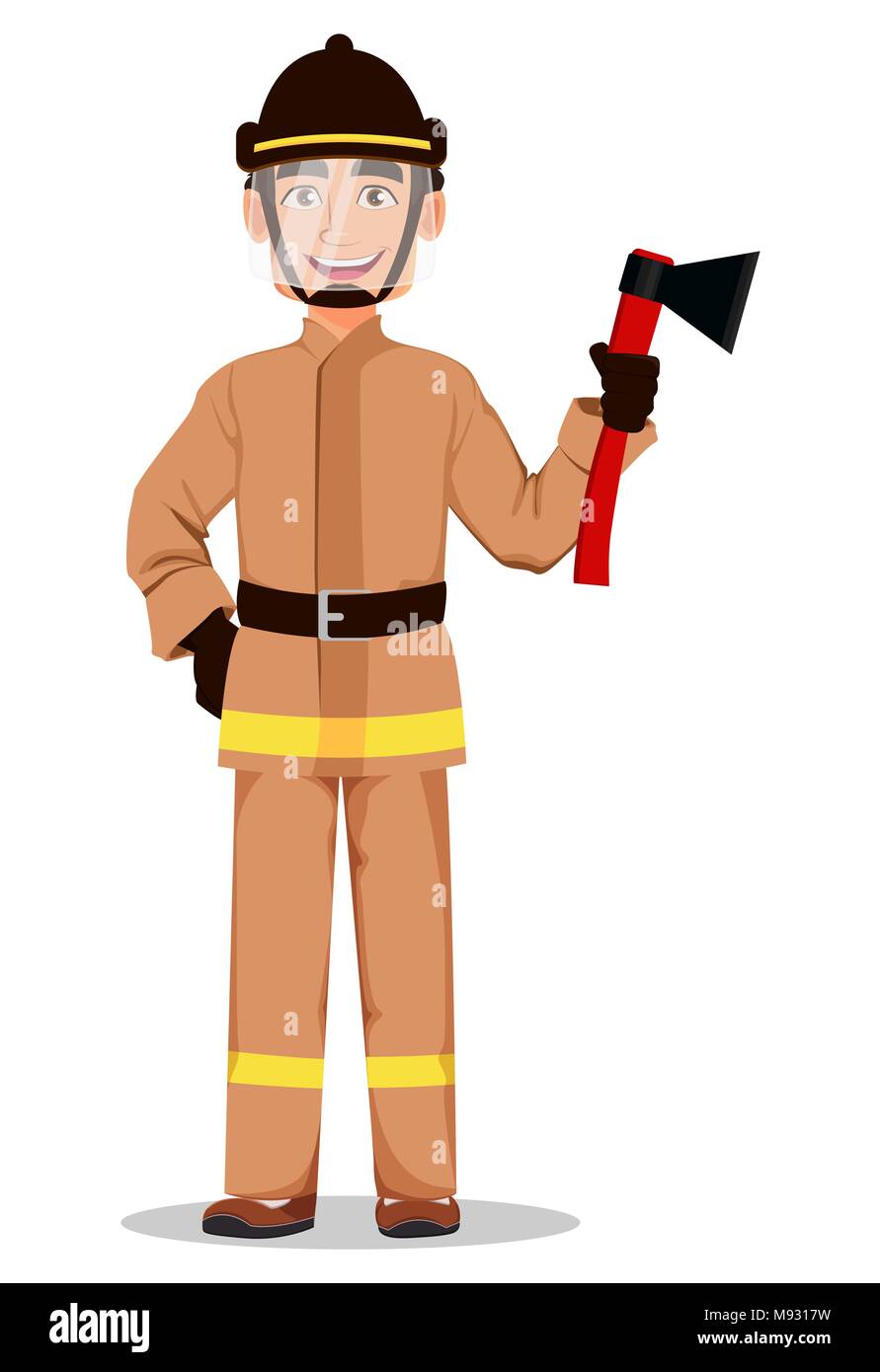 Firefighter In Professional Uniform And Safe Helmet Fireman Cartoon Character Holds Axe Vector Illustration On White Background Stock Vector Image Art Alamy
